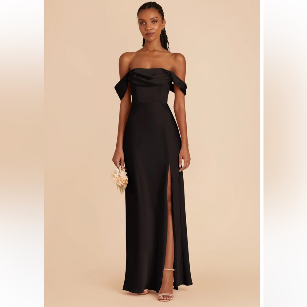 Birdy Grey Mia Matte Satin Off-Shoulder Black Maxi Dress